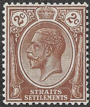 Country: Straits Settlements Year: 1925 Monarch: King George V Denomination: 2 Cents Colour: Brown SG: SG 220 Scott: 181 Watermark: Multiple Crown & Script CA Perforation: 14 Condition: Mint Hinged (MH), Original Gum Grade: F–VF MH