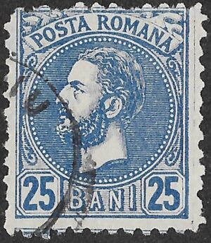 Romania. 1880. Prince Carol I – Final Principality Issue. 25 Bani. Blue. Mi56 | Perf. 11x11. Cancelled. S96