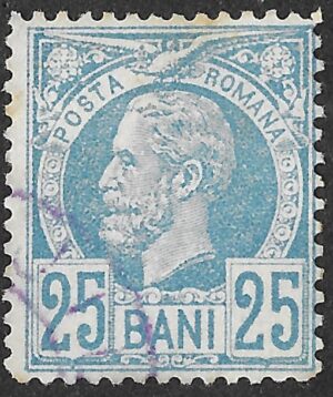Romania. 1887. Kingdom of Romania - King Karl I. First Kingdom Definitive Issue. 25 Bani. Light Blue on Yellowish Paper. Mi68. Perf. L13½ × 13½. Cancelled. S102