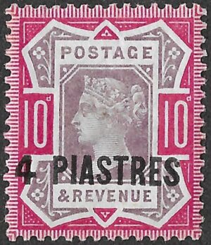 British Levant. 1896. Queen Victoria — 4 PIASTRES on GB 10d purple & carmine/red. SG 6. Unused, Part OG, F/VF. No 15