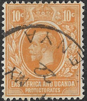 East Africa & Uganda Protectorates. 1921. King George V. 10c. Orange. SG 68. Cancelled. S68