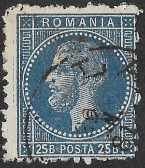 Romania. 1879. Prince Karl I - The 1st Bucharest Issue Prince Karl I. 25B. Blue on Pale Chrome-Yellow Paper | Mi53 | Perf. L11½ × 13½. Cancelled. S92