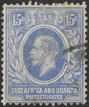 East Africa & Uganda Protectorates. 19212. King George V. 15c. Bright Blue. SG 49. Cancelled. S69