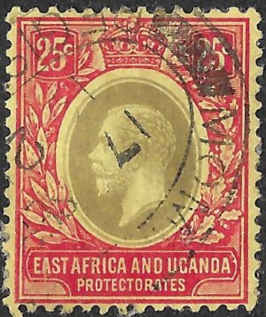 East Africa & Uganda Protectorates. 1912. King George V. 25c. Black and red/yellow. SG 50. Cancelled. S70