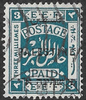 Palestine. 1922. E.E.F. stamps overprinted PALESTINE. 3m. Greeneish Blue. SG 73. Cancelled. S50
