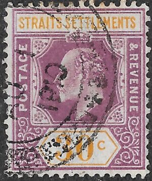 Straits Settlement. 1909. King Edward VII. 30c. Purple & orange-yellow. SG 162. Cancelled. S27