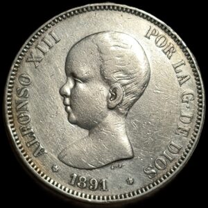 Spain. 1891. 5 Pesetas - Alfonso XIII 1st portrait. 24.78g. Silver .900. Au. C823. RI.8