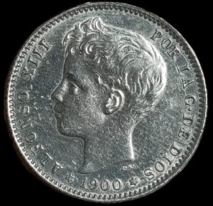 Spain. 1900. 1 Peseta - Alfonso XIII 3rd portrait. 4.96g. Silver .8350. Unc. C815. RI.7
