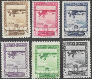 S300 – Spain 1929 – Pro Exposiciones Sevilla Barcelona – Complete Airmail Set (6) – Edifil 448–453 – Mixed MH/VLH/MNH