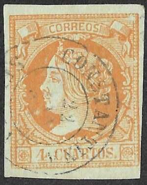 Spain. 1860. Queen Isabella II - Colored Paper. 4 Cuartos Orange on Green. EDIFIL 52. Cancelled. S154