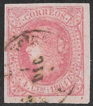 Spain. 1864. Queen Isabella II - Colored Paper. 4 Cuartos Red on Salmon. EDIFIL 64. Cancelled. S160