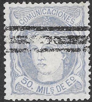 Spain. 1870. Allegory of Spain. Definitives Issue. 50 Milésimas de Escudo Ultramarine. EDIFIL 107. Cancelled. S171