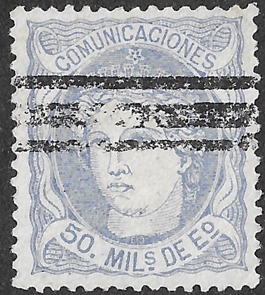 Spain. 1870. Allegory of Spain. Definitives Issue. 50 Milésimas de Escudo Ultramarine. EDIFIL 107. Cancelled. S171