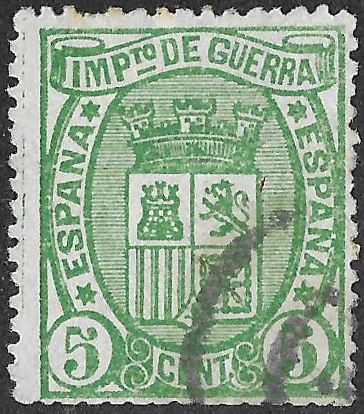 Spain. 1875. War Tax. 5 CÉNTIMOS GREEN. EDIFIL 154. Cancelled. S189