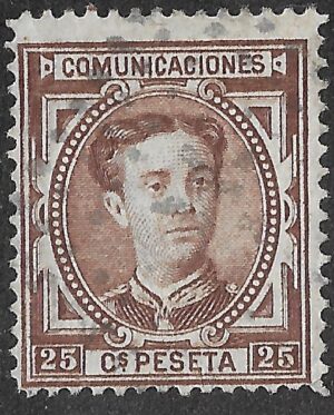 Spain. 1876. King Alonso XII. 25 CÉNTIMOS REDDISH BROWN. EDIFIL 177. Cancelled. S194