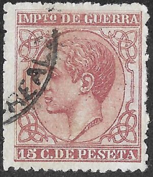 Spain. 1877. King Alonso XII. War Tax. 15 CÉNTIMOS CARMINE. EDIFIL 188. Cancelled. S200