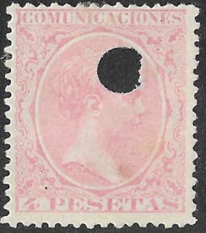 Spain. 1889. King Alfonso XIII. 4 PESETAS PINK. EDIFIL 227 Punched Cancellation. S224