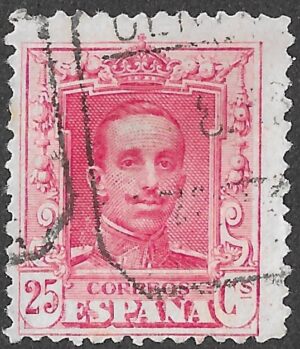 Spain. 1922. Alfonso XIII. Tipo Vaquer. 25 CÉNTIMOS PINK-CARMINE. EDIFIL 317, Type I (provisional). Cancelled. S279