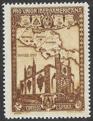 S327 – Spain 1930 – Pro Unión Iberoamericana – Central American Pavilion and map – 2 Céntimos – Edifil 567 – MNH