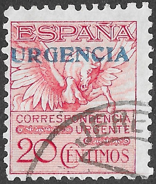 S339 – Spain 1930 – Pegasus — URGENCIA overprint – 20 céntimos – Edifil 591A – Cancelled