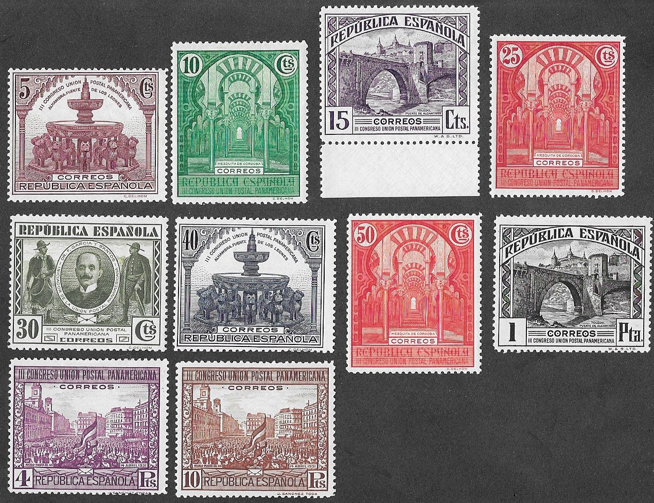 Complete ten-stamp Spanish 1931 Pan-American Postal Union Congress issue, Edifil 604 to 613