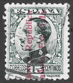 S358 – Spain 1931 – Alfonso XIII República Española Overprint – 15 Céntimos Grey-green – Edifil 596 – Used