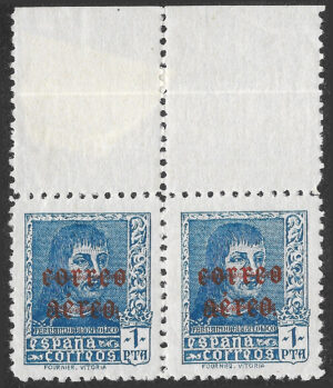 S431 – Spain 1938 – Fernando el Católico – Correo Aéreo – 1 Peseta Blue – MNH Pair with Upper Sheet Margin – Edifil 846