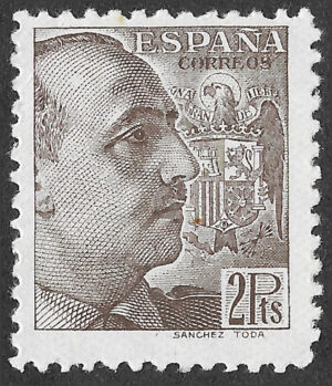 S443 – Spain 1939 – General Franco – 2 Pesetas Brown – Edifil 876 – MNH, Corner Crease