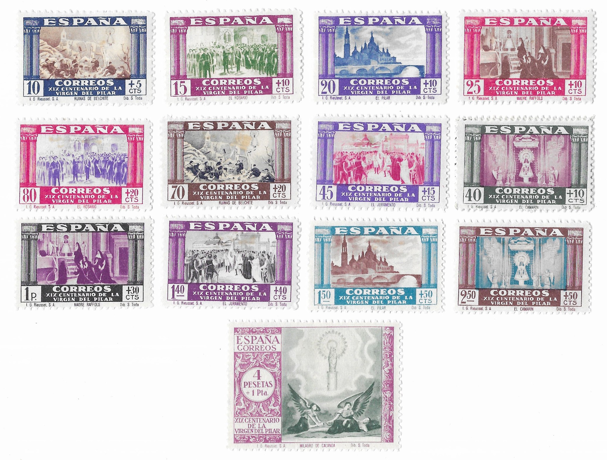 S455 – Spain 1940 – XIX Centenary of Our Lady of the Pillar – Incomplete Set of 13 – Edifil 889–901 – MH