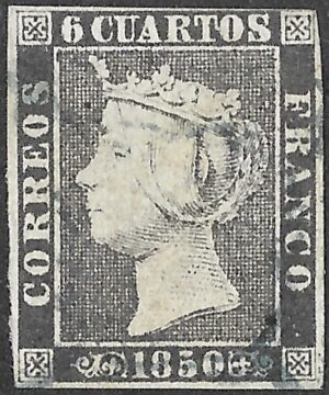 Spain. 1850. Queen Isabella II, profile facing left. 6 Cuartos Black. Black. EDIFIL 1A. Cancelled. S140