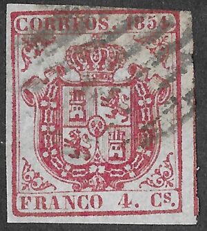 Spain. 1854. Coat of Arms. 4 Cuartos Carmine. EDIFIL 33. Cancelled. S144