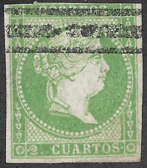 Spain. 1856. Queen Isabella II - White Paper, Not Watermarked. 2 Cuartos Green. EDIFIL 47. Cancelled. S150