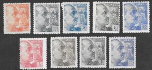 S449 – Spain 1940–1945 – General Franco Definitives – 9 Stamps – Edifil 924–933 Selected Values – MH/MNH