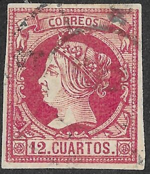 Spain. 1860. Queen Isabella II - Colored Paper. 12 Cuartos Carmine on Buff. EDIFIL 53. Cancelled. S155