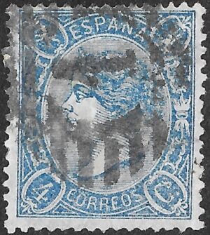 Spain. 1865. Queen Isabella II. 4 Cuartos Blue. EDIFIL 75. Cancelled. S161