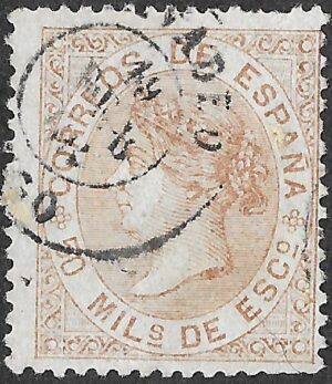 Spain. 1867. Queen Isabella II. 50 Milésimas de Escudo Yellowish Brown. EDIFIL 96. Cancelled. S167