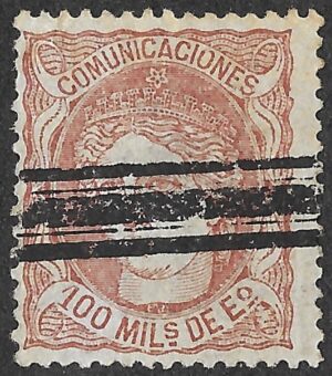 Spain. 1870. Allegory of Spain. Definitives Issue. 100 Milésimas de Escudo Reddish Brown. EDIFIL 108. Cancelled. S172