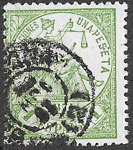 Spain. 1874. FIRST REPUBLIC. Allegory of Justice. 1 PESETA GREEN. EDIFIL 150. Cancelled. S184