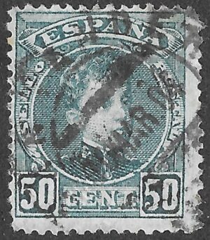 Spain. 1901. King Alfonso XIII. 50 CÉNTIMOS GREENISH BLUE. EDIFIL 252 Cancelled. S237