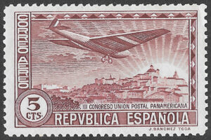S365 – Spain 1931 – III Pan-American Postal Union Congress airmail, aircraft above Madrid – 5 céntimos – Edifil 614 – MNH