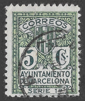 S389 – Spain 1932 – Ayuntamiento de Barcelona, Serie 1ª – 5 céntimos Dark green – specialised Edifil reference pending – Used