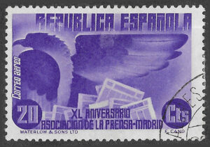 S413 – Spain 1936 – Allegory of the Press, eagle and newspapers – 20 céntimos – Edifil 716 – Cancelled