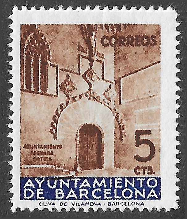 S419 – Spain 1938 (provisional) – Gothic entrance of Barcelona City Hall – 5 céntimos – Edifil pending – MNH