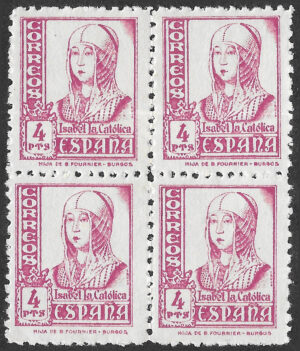 S426 – Spain 1937 – Isabel la Católica – 4 Pesetas Rose-Lilac – MNH Block of Four – Edifil 829