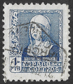 S432 – Spain 1938 – Isabel la Católica – 1 Peseta Blue – Used – Edifil 860
