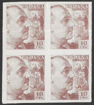 S451 – Spain 1939 – General Franco – 10 Céntimos Brown – Edifil 888 – Imperforate Block of Four – MNH