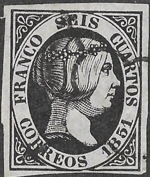 Spain. 1851. Queen Isabella II. 6 Cuartos Black. Black. EDIFIL 6. Cancelled. S141