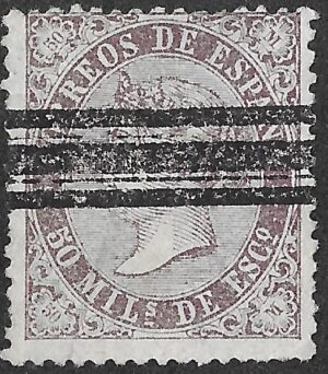 Spain. 1868. Queen Isabella II. 50 Milésimas de Escudo Violet. EDIFIL 98. Cancelled. S168