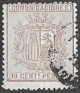 Spain. 1874. Coat of Arms. 10 CÉNTIMOS BROWN. EDIFIL 153A, Type II — provisional identification. Cancelled. S185