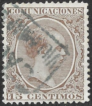 Spain. 1889. King Alfonso XIII. 15 CÉNTIMOS VIOLET-BROWN. EDIFIL 219 Cancelled. S214